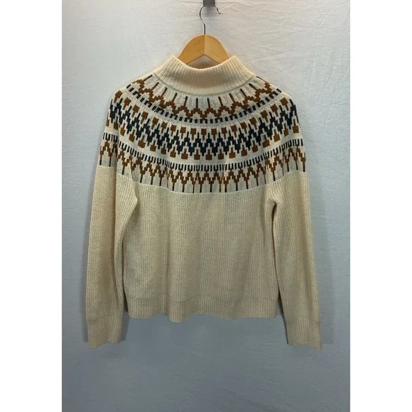J. Crew Fair Isle Mockneck Pullover‎ Sweater Neutral Cream Tan Wool Blend MED. - Picture 3 of 9